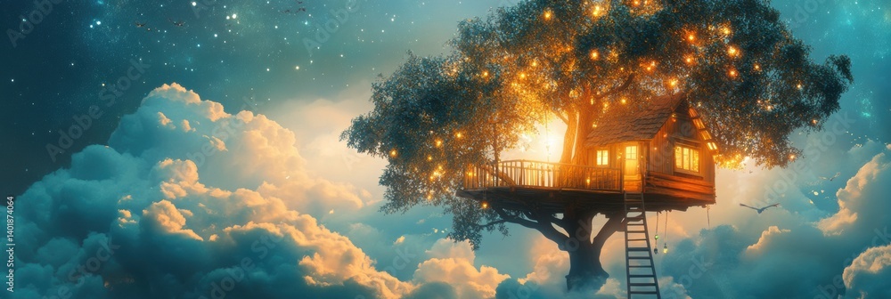 Poster dreamy pastel treehouse nestled in clouds with ladder and twinkling lights, creating a magical atmos