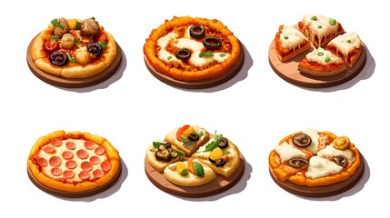 Generation Alpha food menu: a charming isometric of colorful Build-Your-Own Pizza food icons on a white background.