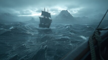 Obraz premium Dark, stormy seas with a sailing ship battling a turbulent ocean.