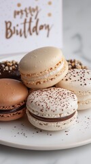 Delicious macarons arranged on a plate for a birthday celebration with festive decorations in soft lighting