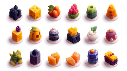 Fototapeta premium Generation Alpha food menu: a charming isometric of colorful Cheese & Apple Rockets food icons on a white background.
