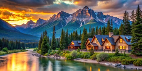 Fototapeta premium Charming Jasper National Park Homes: Breathtaking Mountain Views & Cozy Cabins - Canadian Rockies Real Estate