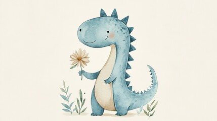 A cheerful blue dinosaur holding a flower, a whimsical watercolor illustration.