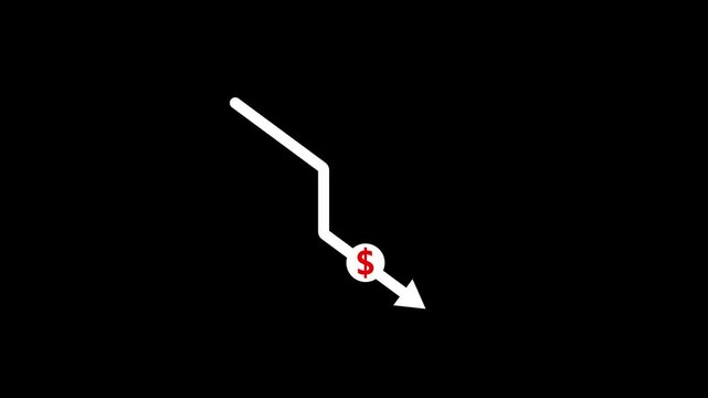 Money crisis icon,Financial crisis icon,Dollar rate decrease vector line icon,Money symbol with down arrow,falling arrow info graphic glyph icon.
