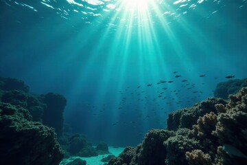 Obraz premium Schools of small fish swim beneath the surface of an inky dark ocean, underwater, sea, deep