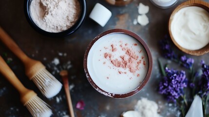 Natural skincare preparation with herbal ingredients and tools on rustic surface