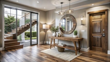 Contemporary Entryway Design with Light Wood Table and Natural Light, Showcasing Walnut Floors and Modern Aesthetics