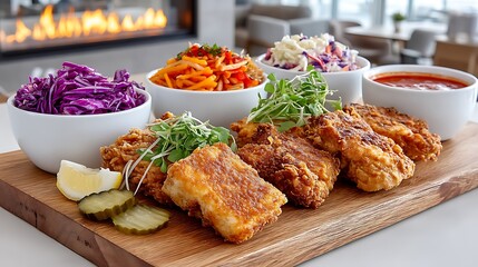 Perfectly Fried Chicken Styled with Colorful Side Dishes on a Wooden Serving Board