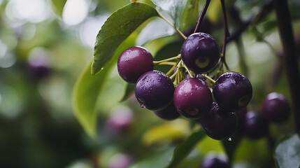 Obraz premium Fresh ripe cherries on tree branch with green leaves close up fruit photography nature background image