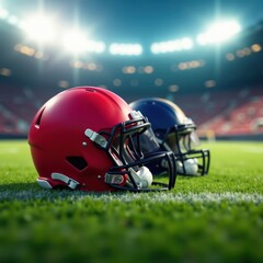 Fototapeta premium Helmets on a football field , football, equipment