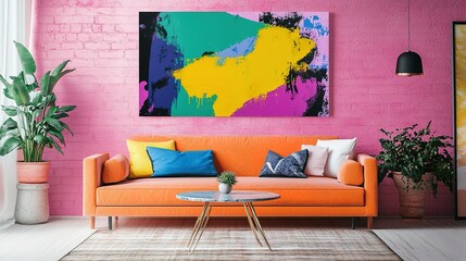 Vibrant living room showcasing bold abstract art and pops of color.