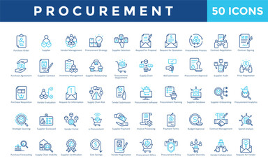 Procurement icons set with purchase order, supplier, vendor management, procurement strategy, supplier selection, request for proposal, request for quotation icon. Simple outline color vector 
