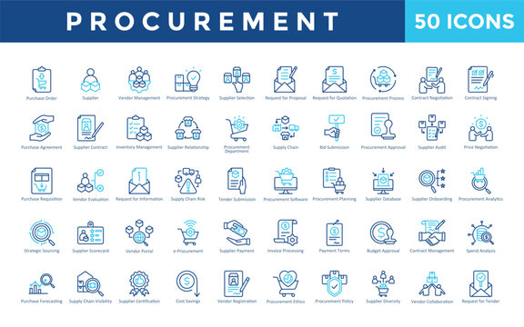 Procurement icons set with purchase order, supplier, vendor management, procurement strategy, supplier selection, request for proposal, request for quotation icon. Simple outline color vector 
