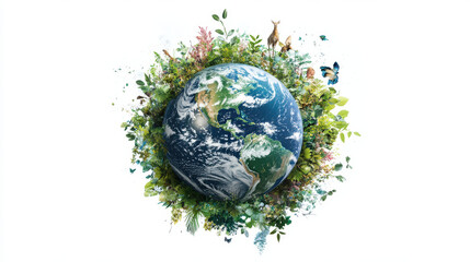 Artistic Earth Day Banner: Globe Enveloped in Verdant Greenery and Abundant Wildlife, Advocating for Environmental Stewardship and Harmony.