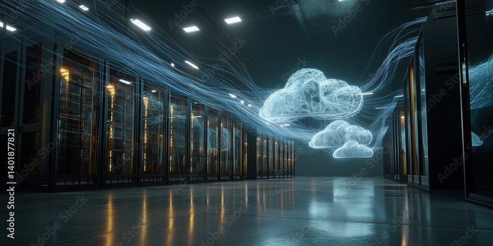 Poster futuristic server room with glowing holographic clouds and flowing data streams