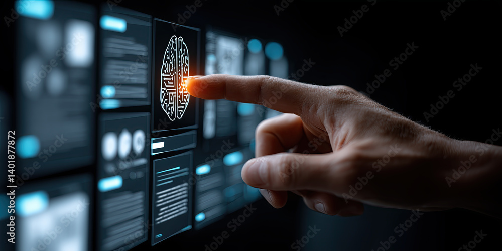 Poster hand pointing at ai icon on digital screen surrounded by futuristic interface elements