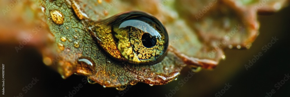 Poster dew drop reflecting planet earth on a leaf in macro detail during early morning light
