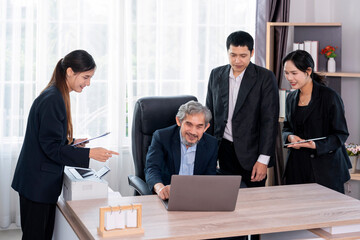 successful senior boss during business meeting,employees having conference in boardroom,conversation,consulting,discussing