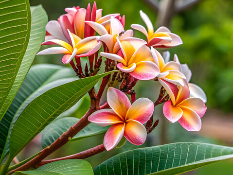 Close-Up of a Stunning Subtropical Frangipani Plant with Vibrant Green Leaves and White-Yellow Kath golap Flowers