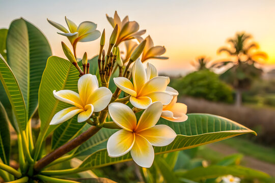 Close-Up of a Stunning Subtropical Frangipani Plant with Vibrant Green Leaves and White-Yellow Kath golap Flowers