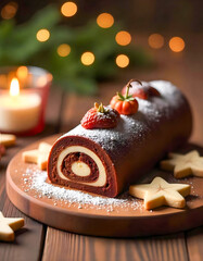 Delicious Chocolate Yule Log Cake with Festive Lights