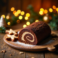 Delicious Chocolate Yule Log Cake with Festive Lights
