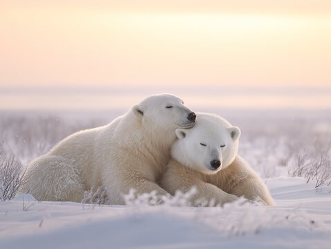 Two polar bears snuggle up in a vast snowy landscape. One bear rests its head on the back of another. Both closed their eyes, creating moments of tranquility in the snowy surroundings.