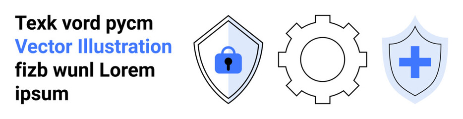 Lock shield symbolizing data protection, gear representing system settings, and health shield for safety. Ideal for cybersecurity, technology, healthcare, online safety, IT solutions, system