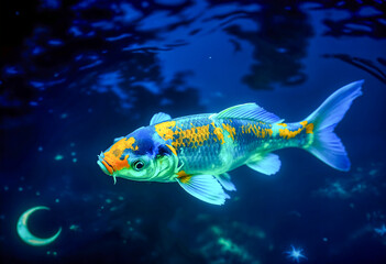 Mystical Blue Koi Fish Under Moonlit Water