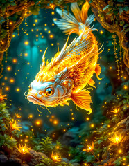 Golden Koi Fish Illuminated by Sparkling Light