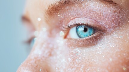 Fototapeta premium Sparkling close-up of a blue eye adorned with shimmering glitter under natural light