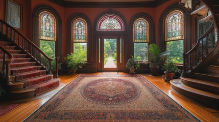Obraz premium Grand Victorian Mansion Entrance Hall with Stained Glass Windows