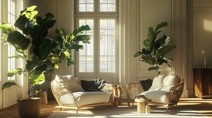 A sun-drenched living room with large fiddle leaf figs and wicker seating.
