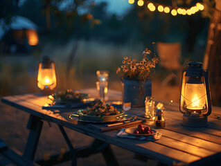 Night campsite camping table food