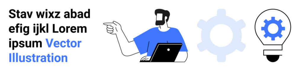 Bearded man using laptop and pointing beside gear and lightbulb graphics. Ideal for teamwork, creativity, innovation, technology, brainstorming, problem-solving, and flat landing page banner
