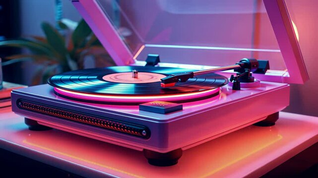 Retro neon futuristic vinyl player emitting a warm aura.