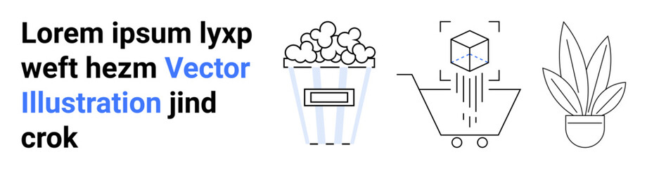 Popcorn bucket, shopping cart carrying a cube, and potted plant illustration. Ideal for entertainment, e-commerce, leisure, minimalism, indoor decor, lifestyle themes flat landing page banner