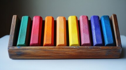 Colorful pastel crayons in a wooden tray