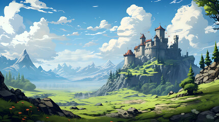 Pixel Art Landscape Featuring a Medieval Castle on a Hilltop Under a Blue Sky with Fluffy White Clouds and Distant Mountains