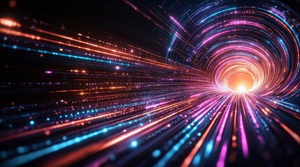 Naklejka premium Vibrant Abstract Light Tunnel with Colorful Streamers of Light and Glowing Center in a Digital Space Scene