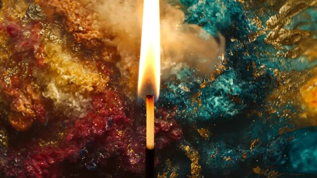 Burning matchstick amidst colorful paint explosion