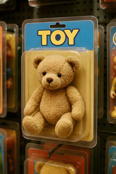 Cute teddy bear toy displayed in packaging at a store with colorful background showcasing various toys