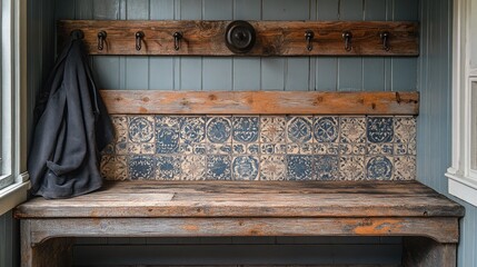 Rustic Wooden Bench with Blue and Beige Tiles and Coat