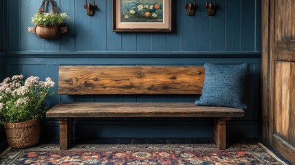 Rustic Wooden Bench in a Blue-Walled Entryway