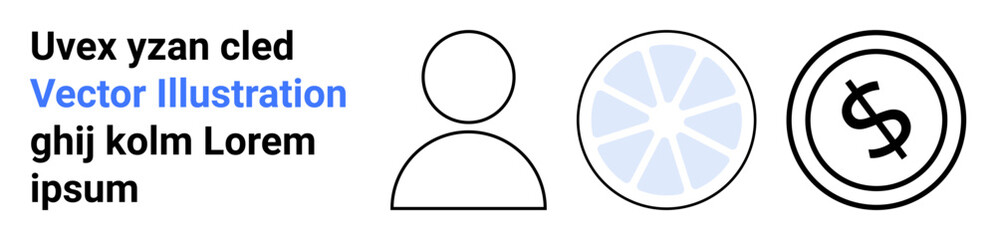 Obraz premium User icon, circular data chart, and dollar sign in bold line art. Ideal for user interfaces, financial apps, data analytics, minimal designs, presentations, infographics abstract line flat metaphor
