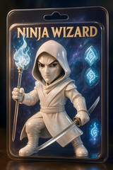 Obraz premium Collectible ninja wizard action figure with magical staff and sword featured in detailed packaging display