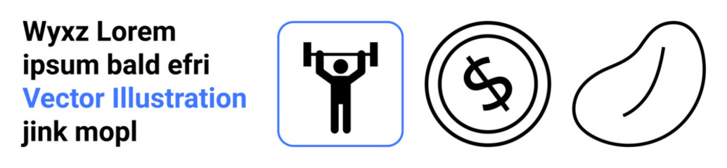 Person lifting barbell, a coin with dollar sign, and bean-thumbs up abstract shape in simple line art. Ideal for fitness, finance, health, minimalism, abstract art lifestyle concepts. Abstract line