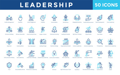Leadership icons set with conflict management, creativity, active engagement, empathy, accountability, decisiveness, delegating authority, positive reinforcement icon. Simple outline color vector 
