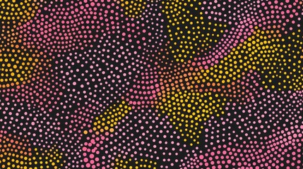 A vibrant, swirling pattern of dots in varying shades of pink and gold on black.