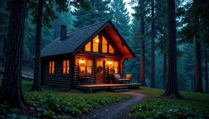 Cozy cabin in the woods with lights , holiday, festive